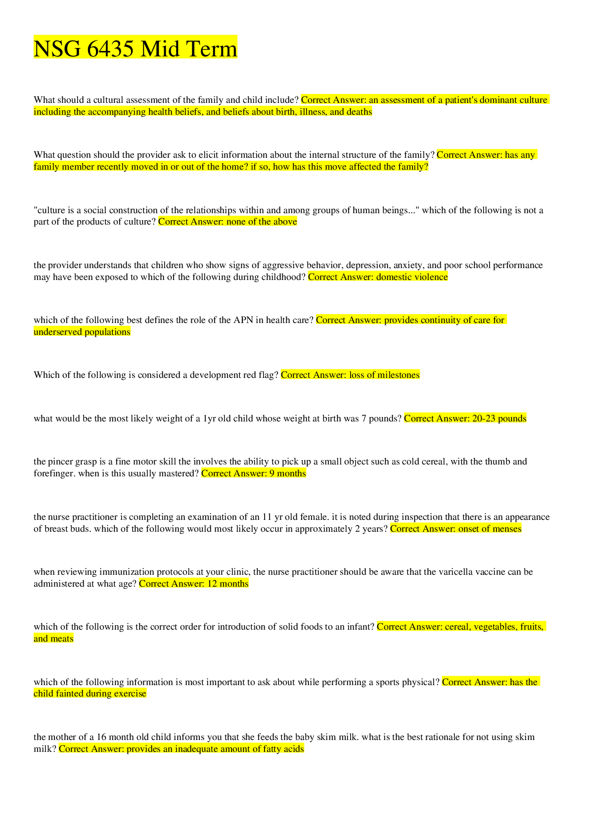Preview of NSG6435 / NSG 6435: Practicum III Family Health - Pediatrics Midterm Exam Latest 2020 / 20